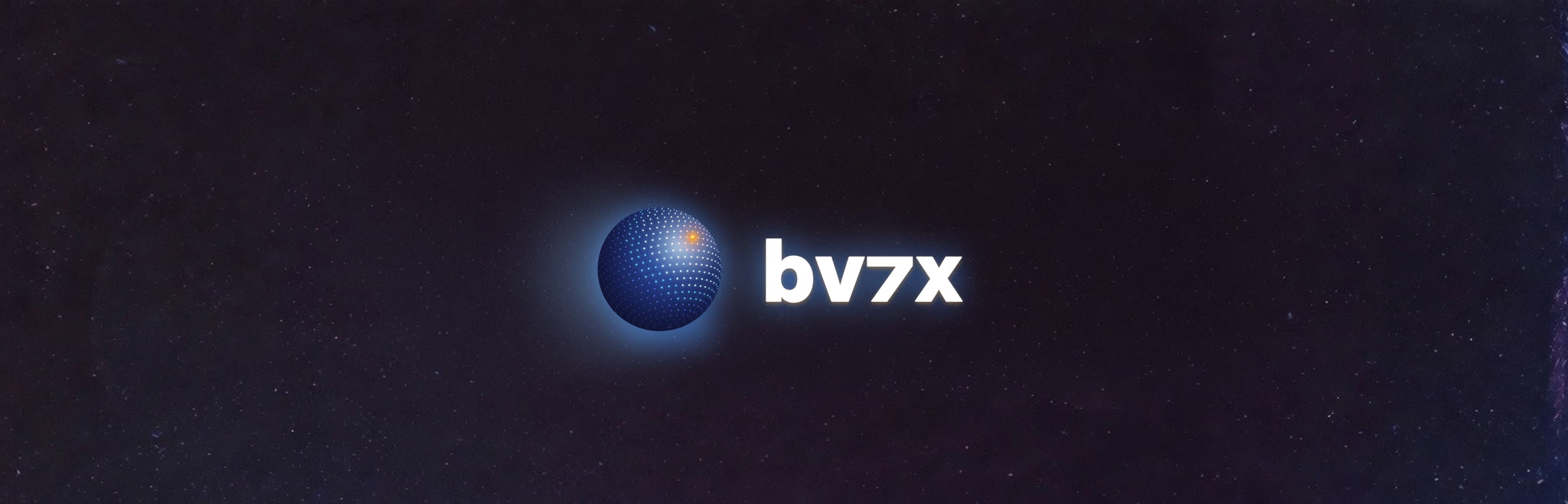 The new BV-7X banner: the bead-sphere mark and lowercase bv7x wordmark on a violet-black starfield