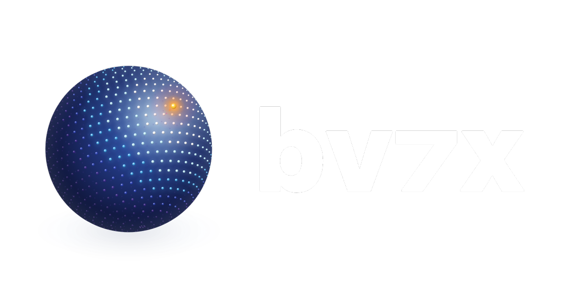 BV-7X lockup, dark variant: sphere plus white lowercase bv7x wordmark on violet-black