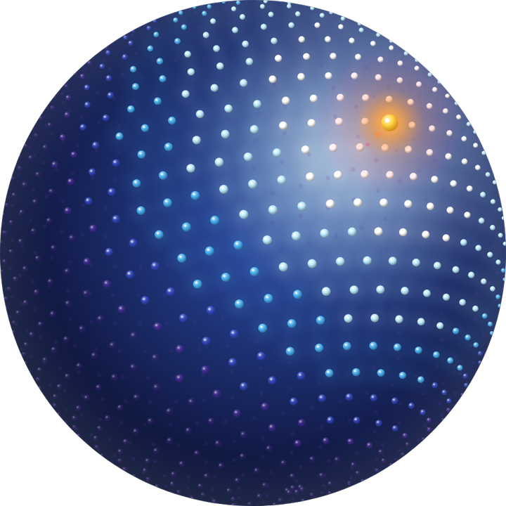 The BV-7X sphere: a lattice of glossy beads ramping from ice-white through sky and cobalt to violet, with one gold node burning upper-right